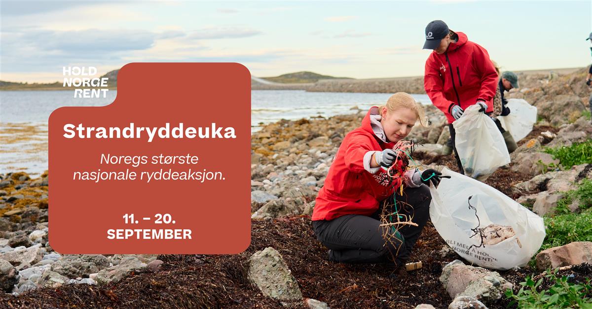 Plakat med informasjon om strandryddeveka 11.-20. september med to stykk rødkledde personar som ryddar i fjæra ein haustdag - Klikk for stort bilete
