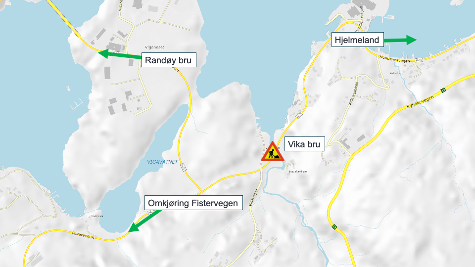 Kart som viser omkøyring via Fister og riksveg 13 - Klikk for stort bilete