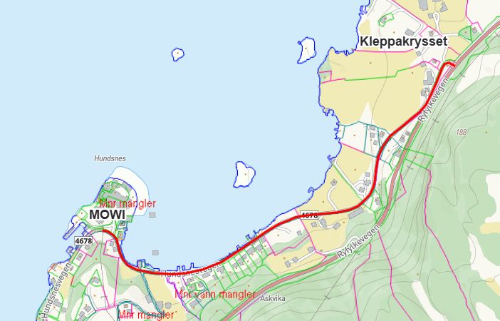 Kart som viser vegstrekket det skal leggast ny straumkabel i frå Kleppakrysset til MOWI på Hjelmeland - Klikk for stort bilete